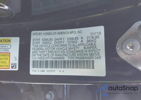2019 Honda Accord Lx from USA, damaged, VIN 1HGCV1F17KA049926